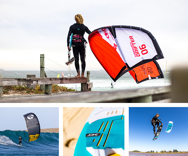 Studente della scuola di kitesurf che salta con kite e tavola