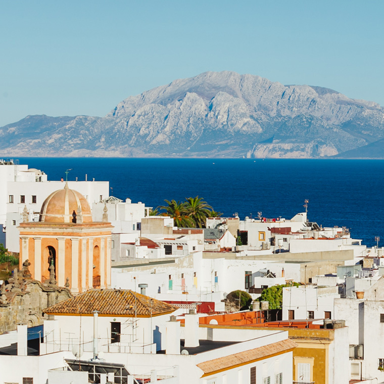 Views of the roofs of Tarifa with Morocco in the background