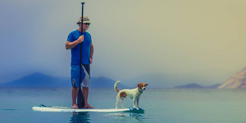 Hombre en tabla paddlesurf con perro